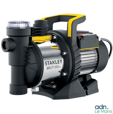 a close up of a black and yellow pump on a white background
