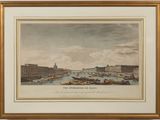 un tableau représentant une vue sur une rivière avec des bateaux