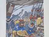 une photo d'un tableau représentant un groupe de personnes sur un bateau