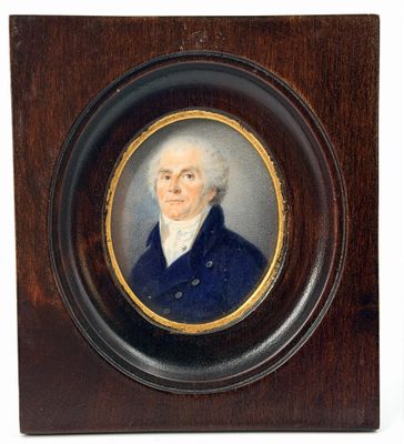 portrait d'un homme en manteau bleu, dans un cadre en bois