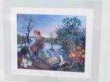 painting of a woman sitting on a bench reading a book