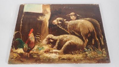 un tableau représentant des moutons et des poulets dans une grange