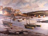 une peinture de bateaux sur l'eau dans un port