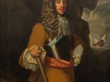 portrait of a man in a brown coat holding a sword and a cannon