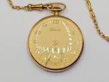 a gold pocket watch with a chain on a white surface