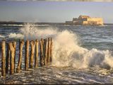 une photo d'une plage avec une clôture en bois et un château en arrière-plan