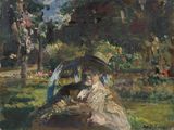 a painting of a woman sitting in a park with an umbrella