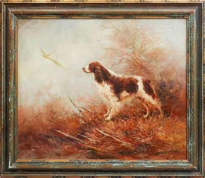un tableau représentant un chien brun et blanc debout dans un champ