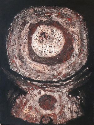a black and white painting of a bowl with a hole in it