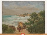 a picture of a painting of a beach with a lighthouse in the background