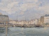 a painting of a boat in the water near a city