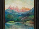une peinture représentant une scène de montagne avec un lac au premier plan