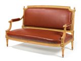 an image of a brown leather couch sitting on top of a white floor