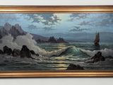 une peinture à l'huile représentant un voilier en mer, avec une montagne en arrière-plan