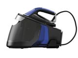 a close up of a blue and black steam iron on a white background