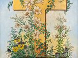 a painting of a cross with flowers and plants in the foreground