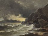 an image of a painting of a rocky coast with a boat in the water