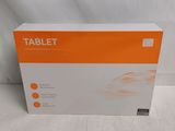 an orange and white box of a tablet on a white surface