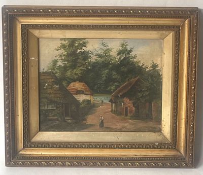 une peinture à l'huile représentant une scène de village avec une femme marchant sur un chemin de terre