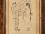 un vieux dessin représentant un homme et une femme debout l'un à côté de l'autre