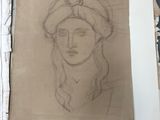 drawing of a woman ' s head in a hat on a piece of paper