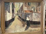 an oil painting of a woman walking down a street next to a building