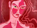 painting of a woman with a pink face and red hair