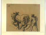 drawing of a man plowing a field with a horse drawn by a man