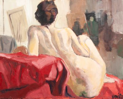 a painting of a woman sitting on a red couch