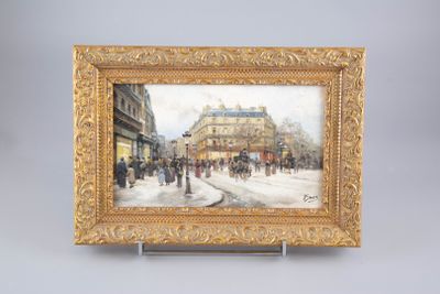 une image d'une peinture représentant une scène de rue dans un cadre doré