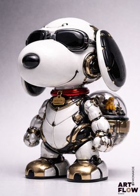 un chien robot blanc et noir, portant des lunettes de soleil et un collier rouge