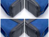 four different views of a blue and black bag on a white surface