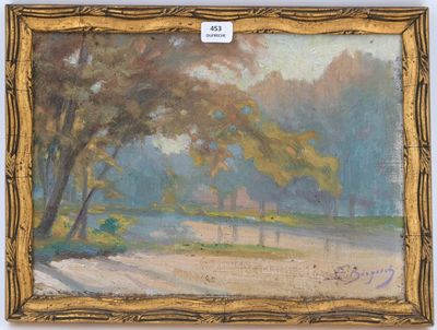 une peinture à l'huile représentant un paysage avec des arbres et une route