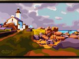 an image of a painting of a lighthouse on a rocky beach