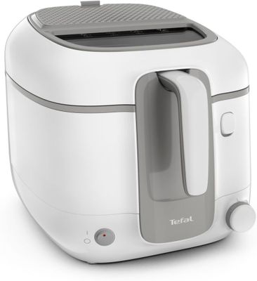 an image of a white and gray air fryer on a white surface