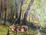a painting of a deer and a deer sitting in the grass