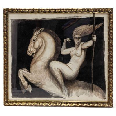 painting of a woman riding a horse with a spear in her hand
