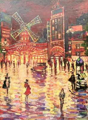 painting of a city street scene with people walking on the sidewalk