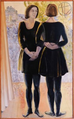 a painting of two women standing in front of a window