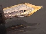 a close up of a fountain pen with a reflection on the surface