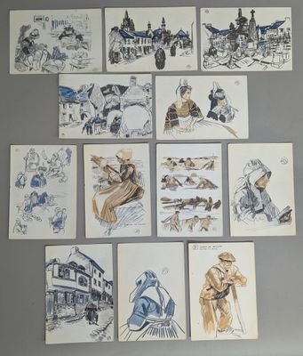 several sketches of people and animals are displayed on a wall
