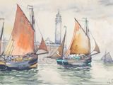 deux bateaux à l'eau, avec un phare en arrière-plan