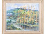 a painting of a landscape with trees and a river