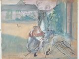tableau représentant un homme à cheval avec une femme assise derrière lui