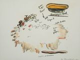 un dessin représentant un bol de soupe et une corbeille de pain posés sur une table