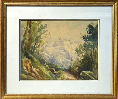 une image d'un tableau représentant une scène de montagne dans un cadre doré