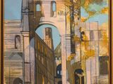 an oil painting of a building with a gate and a tree in front of it