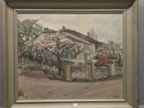 an image of a painting of a house with a tree in front of it