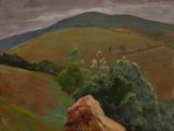 a painting of a large rock in the middle of a field