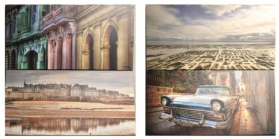 quatre photos différentes de voitures anciennes alignées dans une rue